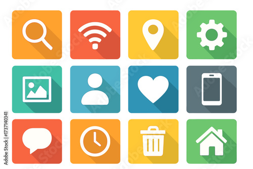 Colorful Flat Vector Icons Set with Transparent Background, Including Search, WiFi, Location, Settings, Gallery, User, Heart, Mobile, Chat, Clock, Trash, and Home Symbols for UI and Web Design