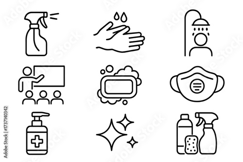 Hygiene and cleaning line icon set. Health, sanitation, and virus prevention symbols. Washing hands, soap, face mask, hand sanitizer, shower, and disinfectant spray icons.