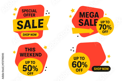 Sale banner collection. Special offer and discount tag set. Up to 50, 60, 70 percent off. Mega sale sticker for web promotion. This weekend only. Shop now button. Vector.