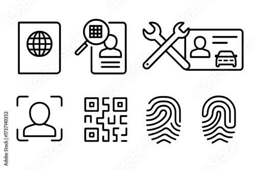 ID verification line icon set. Biometric passport, driver license, face ID, fingerprint scan. Personal data security, access control, user authentication vector symbols.