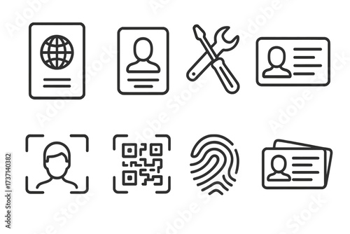 ID and verification line icon set. Personal data, security, and access control symbols. Passport, face ID, fingerprint, and QR code for authentication. Vector collection.