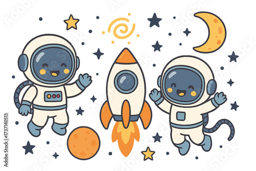 Cute astronaut explorers and rocket in playful cosmic scene. Kids space adventure with planets and stars. Vector cartoon illustration set with fun galaxy characters and moon.
