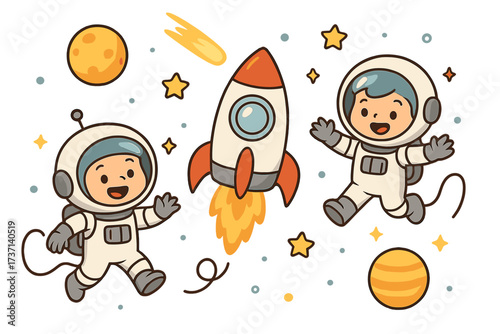 A cute cartoon astronaut kid explorers in a playful cosmic scene. Space adventure set with rocket, planets, stars, and comet. Vector illustration collection for children.