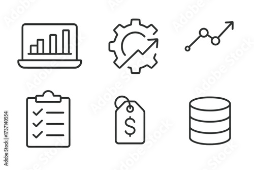 Statistics and data analysis icon set. Line icons for business analytics, financial reporting, optimization process, market survey, price and cost, and data collection. Vector.