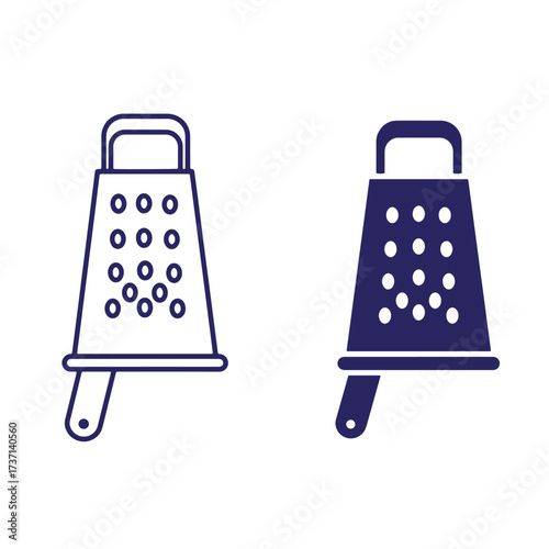 Two modern illustrations showcasing a grater design in contrasting outline and solid styles