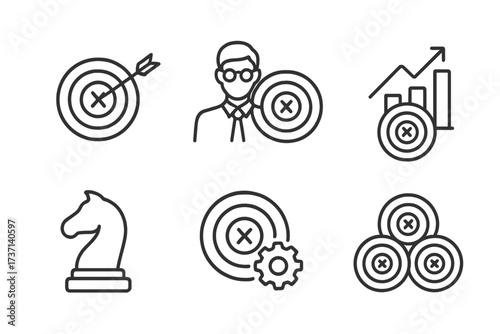 Business goal and target icon set. Line style vector icons for strategy, progress, and achievement. Collection includes dartboard, chess knight, and growth chart symbols.
