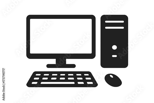 Vector server icon with transparent background, flat style computer desktop setup illustration, includes monitor, keyboard, mouse, and CPU tower silhouette, technology hardware concept