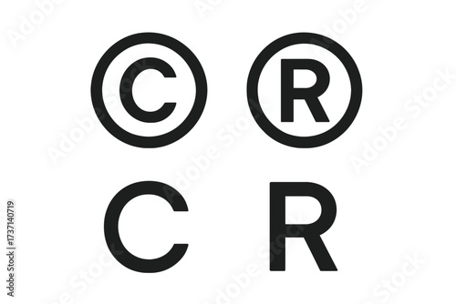Copyright and registered trademark vector symbol set. Intellectual property law icons. Brand protection sign collection. Legal patent logo. Ownership brand mark C and R letter.