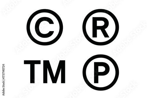 Set of intellectual property symbols. Copyright, registered trademark, and phonogram icons. Vector collection for business branding, patent law, and ownership rights. C, R, TM, P.