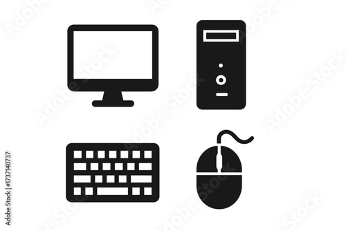 Computer hardware icons including desktop monitor, CPU tower, keyboard, and wired mouse vector illustration set with transparent background, technology device symbols for digital and IT design