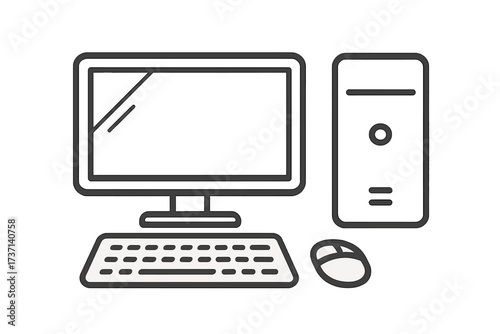 Computer desktop with monitor, keyboard, mouse, and tower CPU icon set. Simple black line illustration of PC hardware components, technology workspace vector, transparent background.