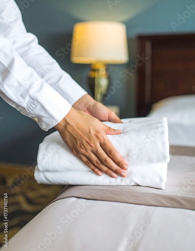 Hotel maid preparing room