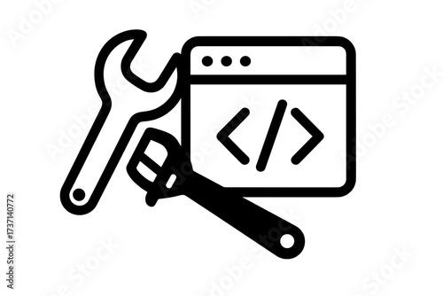 Web development icon with wrench and spanner tools, coding symbol browser window, digital programming maintenance and software repair vector illustration with transparent background