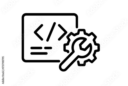 Vector coding icon with wrench and gear symbol, software development, programming tool, web design, coding settings, developer symbol, technical support, digital technology