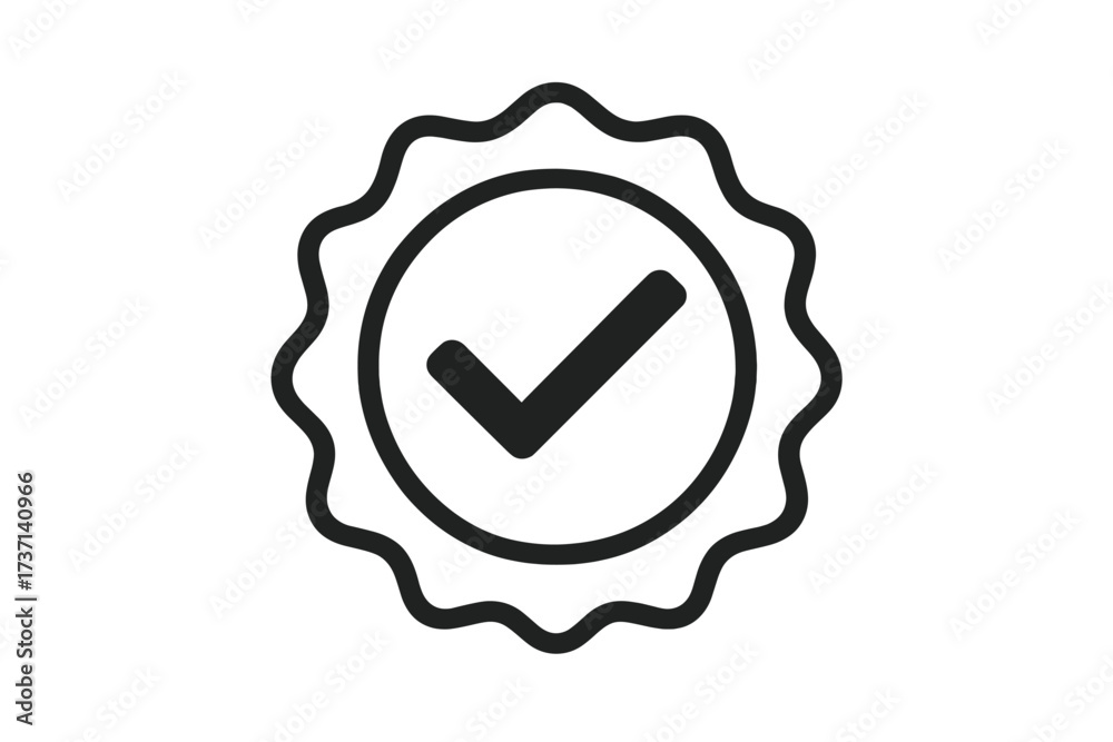 Verification badge check mark icon. Approved symbol. Certified quality seal. Concept guarantee, security, success. Validation element. Rosette label. Checkbox tick sign.