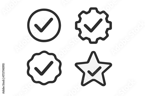 Verified badge icon set. Approved profile symbol with check mark. Quality control certified sign. Guarantee seal collection. Tick medal. Vector graphic element on transparent background.