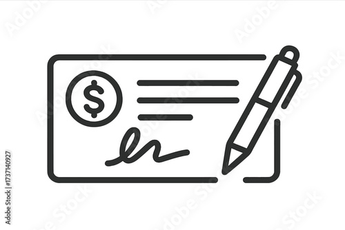 Bank check icon with pen signing. Financial concept of payment, salary, donation. Money transaction symbol. Vector cheque with dollar sign and signature. Business finance outline.