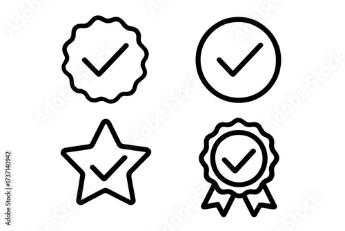 Verified badge icon set. Check mark line symbols. Approved profile sign. Quality certificate and guarantee checkmark. Award rosette and star. Authentication and validation.