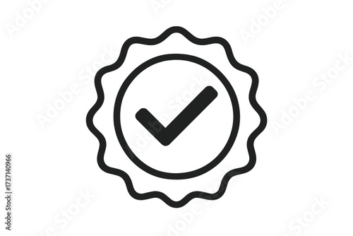 Verification badge check mark icon. Approved symbol. Certified quality seal. Concept guarantee, security, success. Validation element. Rosette label. Checkbox tick sign.
