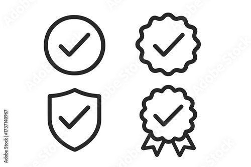 Verification badge check mark icon set. Quality certificate, guarantee seal, and approval checkmark. Certified profile and security shield. Vector graphic illustration.