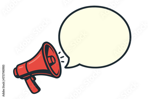 Red megaphone with speech bubble. Loudspeaker for announcement, marketing, and advertising. Concept for important news, did you know, promotion, and alert. Vector illustration.
