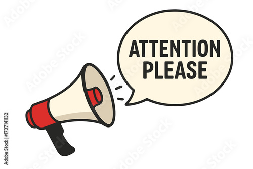Attention please vector concept. Megaphone with important notice speech bubble. Loudspeaker for announcement and alert. Banner for business, marketing and advertising promotion.