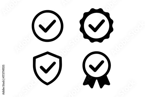 Check mark badge icon set. Quality approval certified symbol. Vector illustration. Verified profile sign. Guarantee seal of approval. Security shield. Premium choice award medal.