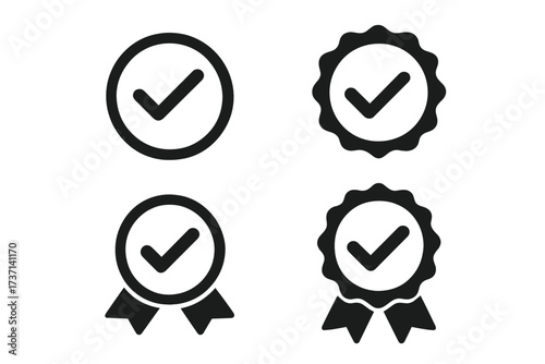 Approved icon set. Verification badge and check mark. Certified seal and quality guarantee stamp. Tick symbol for profile verified status. Warranty medal and accept sign vector.