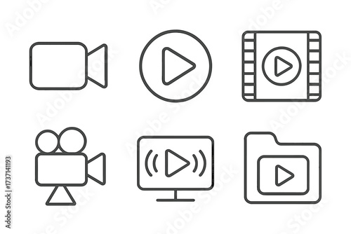 Video line icon set. Camera, play button, film strip, cinema, and live stream symbols. Media player collection for web, app, and interface design. Outline vector pictograms.
