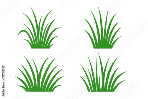 Green grass tufts vector illustration set. Collection of isolated natural plant icons for lawn, meadow, or garden design. Spring or summer foliage elements silhouette.