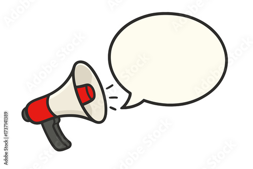 Megaphone with speech bubble. Loudspeaker for feedback, marketing, advertising. Concept for announcement, communication, promotion, survey. Banner for business and social media.