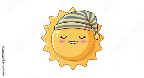 Whimsical cartoon sun with a cozy striped sleeping cap blissfully napping a peaceful bedtime illustration. AI Generated