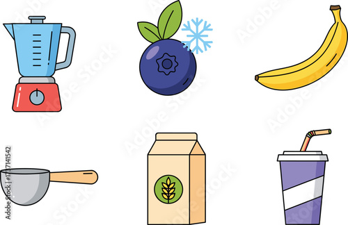 Healthy smoothie making vector set with blender, frozen blueberry, banana, oat milk, scoop, and takeaway cup illustration icons.