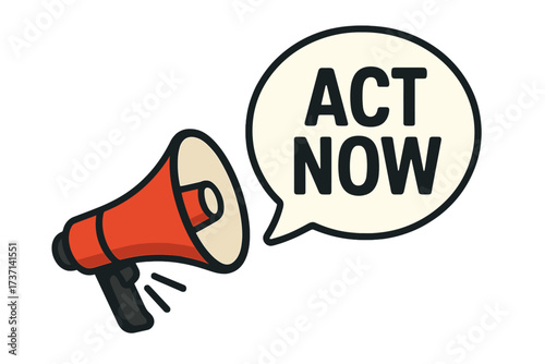 Act Now announcement with megaphone. Loudspeaker icon for urgent call to action. Business marketing, advertising banner concept. Important message or promotion vector graphic.