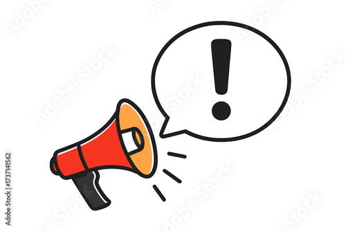Megaphone loudspeaker with exclamation mark. Important announcement, attention alert concept. Speech bubble vector icon for business, marketing, advertising, and promotion.