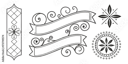 Collection of decorative elements including banners and floral motifs
