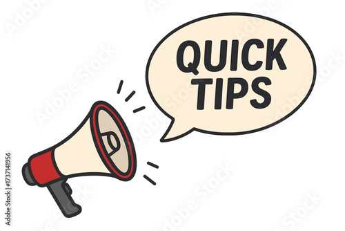 Megaphone with quick tips speech bubble. Loudspeaker for helpful advice, hints, and tricks. Business, marketing, advertising, and promotion concept vector illustration.