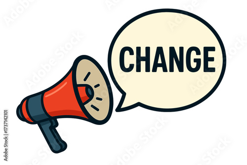 Megaphone with 'Change' speech bubble. Loudspeaker making an important announcement. Concept for transformation, revolution, protest, alert, and call to action. Banner for business.
