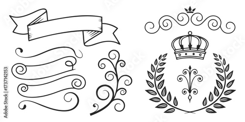 Set of decorative elements with a crown and banner