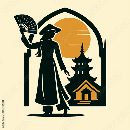 Elegant Geisha With Fan Under Arch And Pagoda Dramatic Silhouette