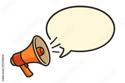 Megaphone with welcome speech bubble. Loudspeaker banner for business, marketing, advertising. Communication concept for promotion, sale, alert. Vector illustration with copy space.