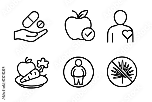 Nutrition and diet line icon set. Healthy food, treatment, and lifestyle concepts. Vector symbols for obesity, heart health, vitamins, supplements, and palm oil free products.