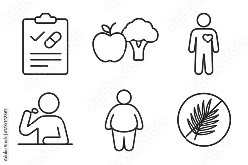 Nutrition and diet line icon set. Vector illustrations of healthy food, treatment, obesity, and heart health. Collection includes icons for palm oil free, supplements, and diet plan.