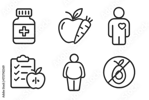 Nutrition and diet line icon set. Concepts of healthy eating, vitamins, weight loss, obesity, heart health and treatment. Vector symbols for web, wellness and lifestyle.