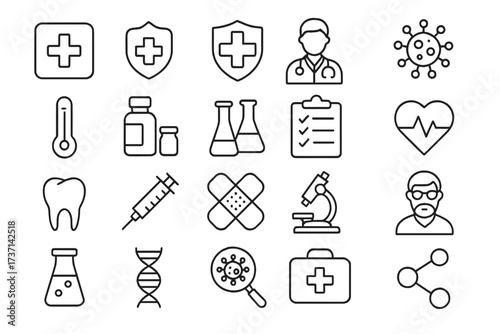 Medical and healthcare icon set. Line art collection of medicine, doctor, virus, lab, DNA, and scientific discovery symbols. Vector illustration for web and infographic.