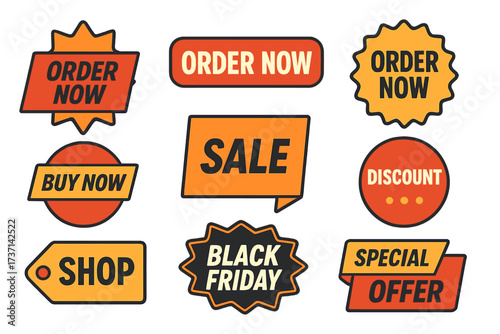 Set of sale badges and promotional stickers. Vector collection of labels for shopping, discount, special offer, order now, buy now, and Black Friday for e-commerce advertising.
