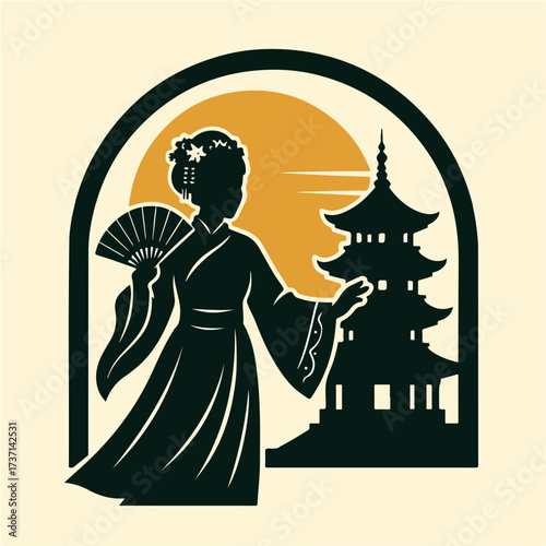 Geisha With Fan In Archway And Pagoda Scenic Cultural Silhouette Vector
