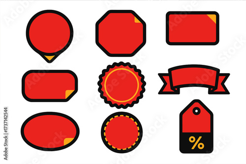 Set of red sale badges and labels for promotion. Vector template for shopping, special offers, and discounts. Buy now and order now stickers for e-commerce and Black Friday.
