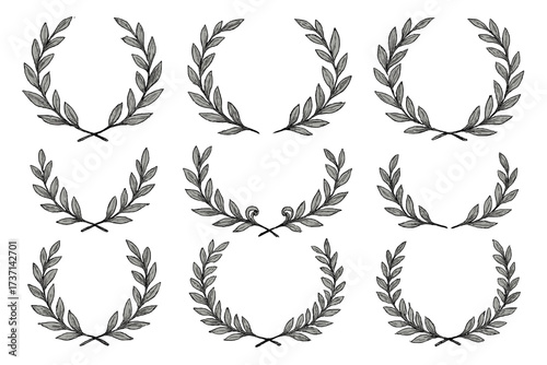 Set of black laurel wreaths, frames, and branches. Vintage hand-drawn vector collection. Decorative leaves, swirls, and ornate award icons for victory and honor emblems.
