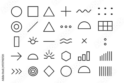 Set of minimalist line elements. Collection of abstract geometric shapes and universal icons for web design. Retro Memphis 80s style symbols for poster, banner, vintage ad.